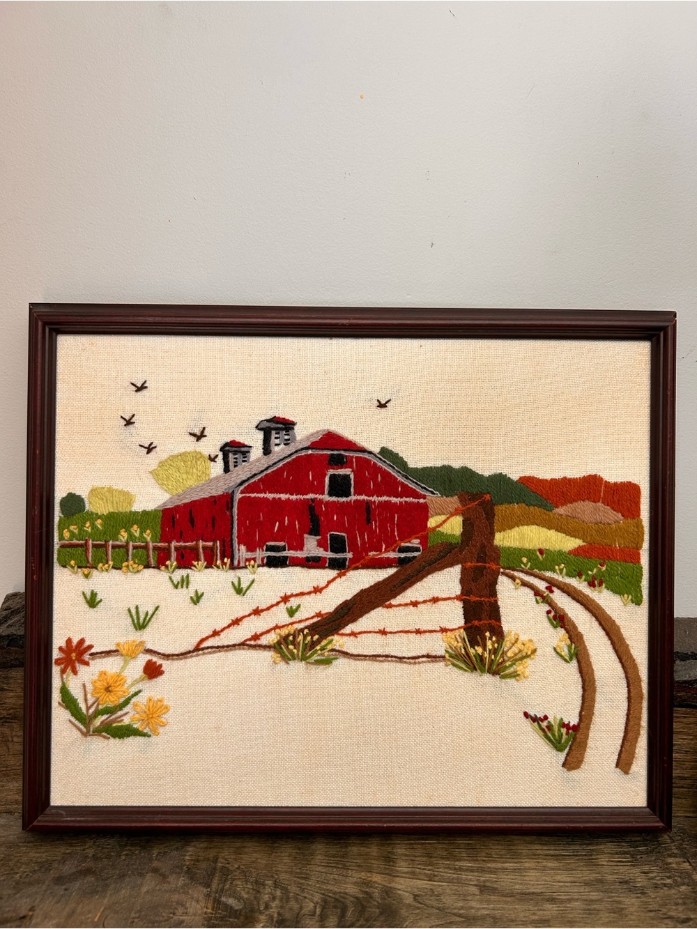 Hand Embroidered Vintage Folk Wall Art Red Barn with Rolling Hills